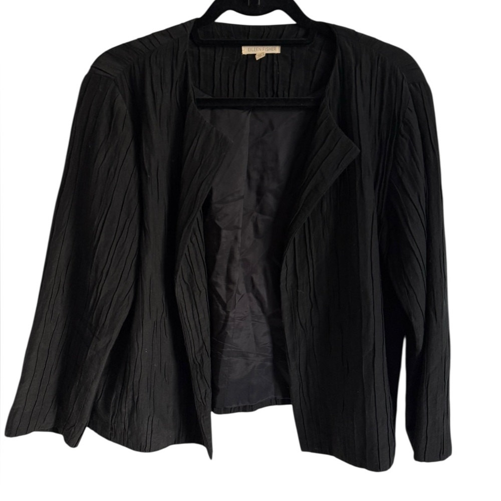 Eileen Fisher Cotton Silk Textured Black Open Face Structured Jacket, Size XS